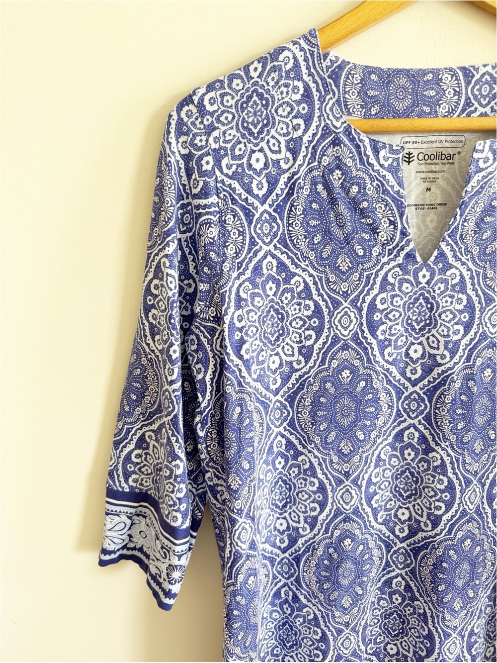 Coolibar UPF 50+ sun protection 3/4 sleeve blue print Oceanside tunic dress sz M - Picture 2 of 5